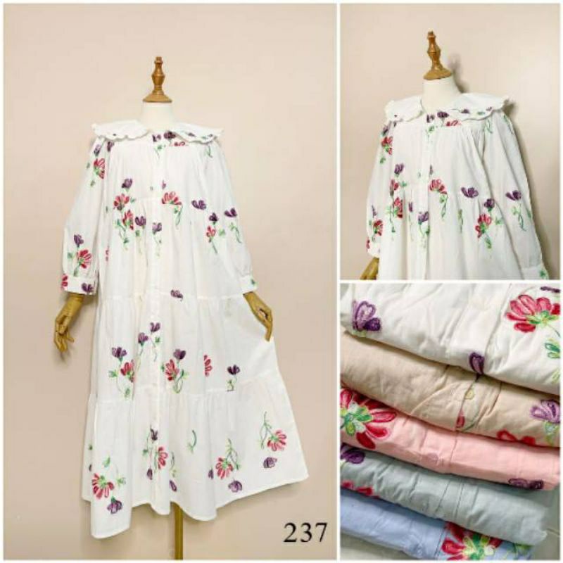 Midi Dress J'ADORE Katun Full Bordir Sulam Kerah Collar Premium