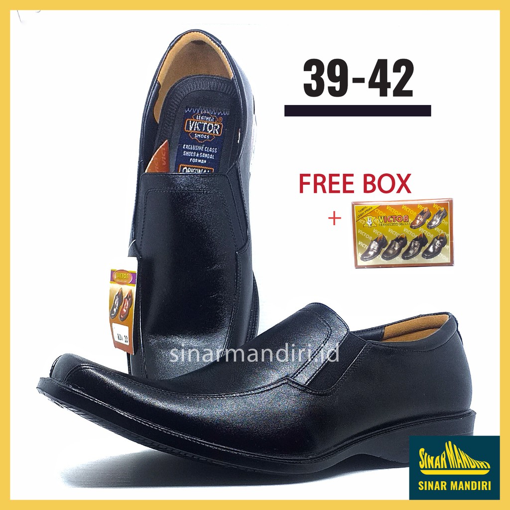 Sepatu Kulit Asli Polos Pantofel Formal Kerja Pria Dewasa Kondangan Pesta Hitam Victor Tanpa Tali