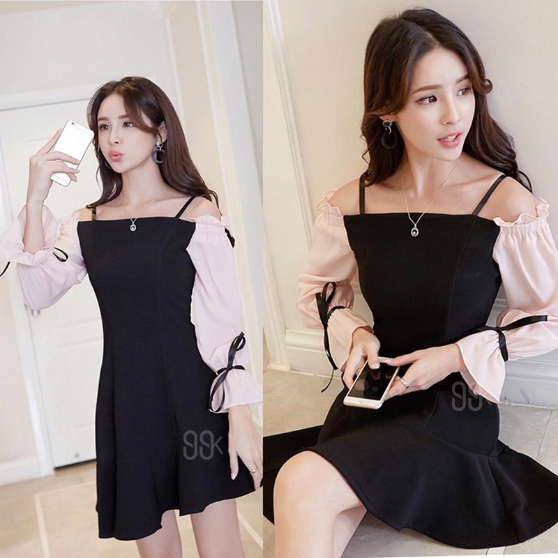 Dress Korean Long Sleeve Sabrina Mini Dress Wanita Lengan Panjang 1102 (XS-XL) (G6W4) Dress Wanita K