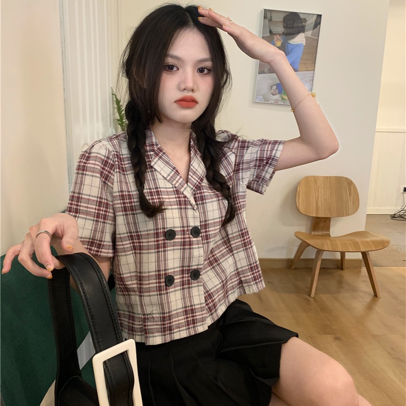 yikoo-Kemeja kotak-kotak kerah retro korea lengan pendek wanita
