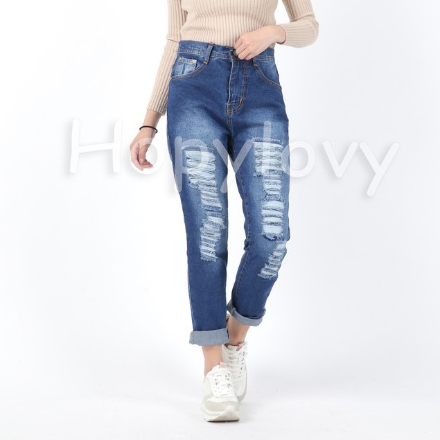 HOPYLOVY - Celana Boyfriend Jeans Wanita Ripped / Sobek Lapis Furing Amithi