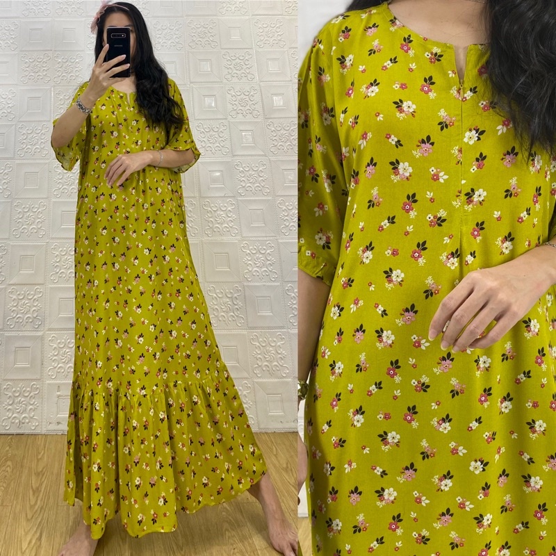 daster MONA tangan 3/4 PB 130cm /daster panjang rempel tangan 3/4  JUMBO premium sleting /busui/rempel tangan 3/4/ tangan pendek/ tali grosir ecer SEMATA KAKI RAYON-Mona flower lime