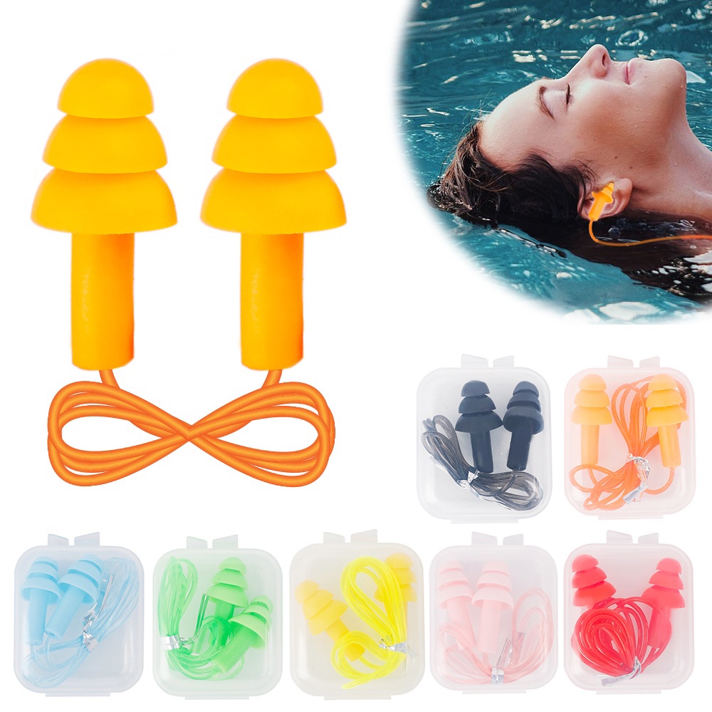 1 Pasang Earplugs Bahan Silikon Anti Bising Tahan Air Dengan Tali Untuk Berenang