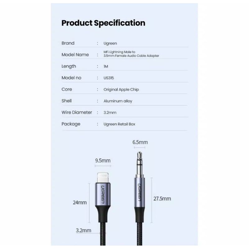 Ugreen Lightning to Aux 3.5 mm Male Ugreen Apple MFI to Jack 3.5 mm