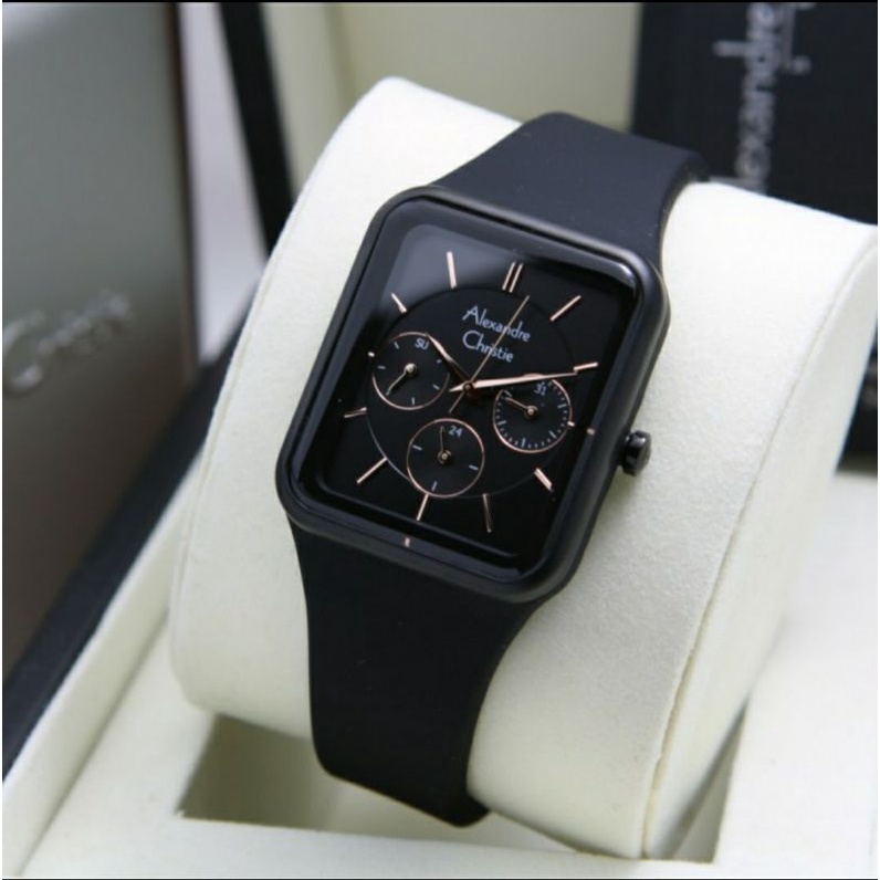 ORIGINAL GARANSI RESMI 1 TAHUN JAM TANGAN WANITA ALEXANDRE CHRISTIE BLACK LIST ROSEGOLD RUBBER ARLOJ