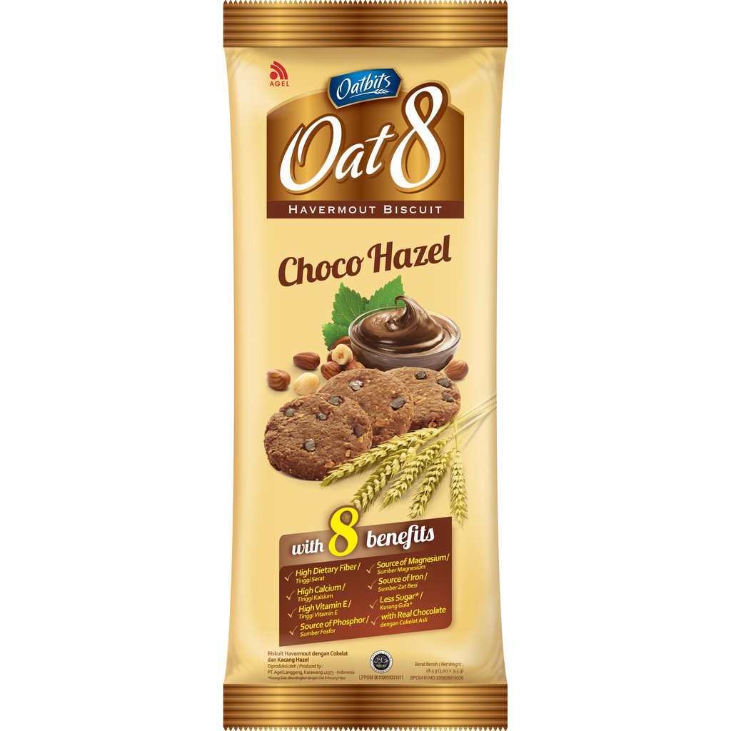 Biskuit Oat 8 Rasa Coklat Kacang Hazel, Choco Hazelnut kemasan Sachet, Biskuit Sehat Oatbits