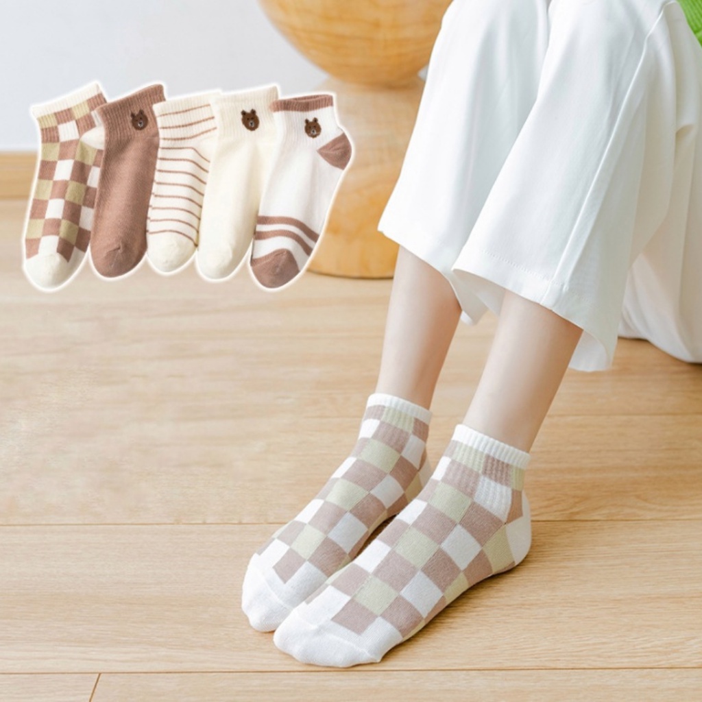 Kaos Kaki Brown Fashion Pendek Semata Kaki / Kaus Kaki Sport Modis Teddy Bear Brown Short Ankle Cute Socks / Kaos Kaki Motif Polos Kotak Garis Sporty-5