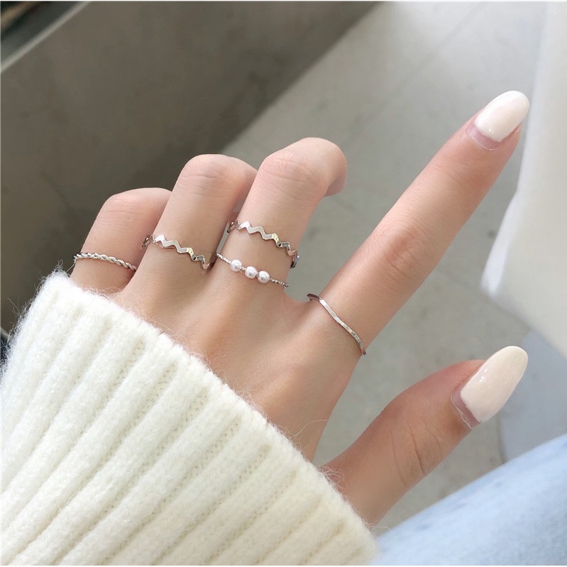 Cincin Wanita 5Pcs Set R09 Casual Korea Fashion Style Aksesoris Fesyen Cewe 5 Pcs Set Multi Mutiara Pearl Ring Rings