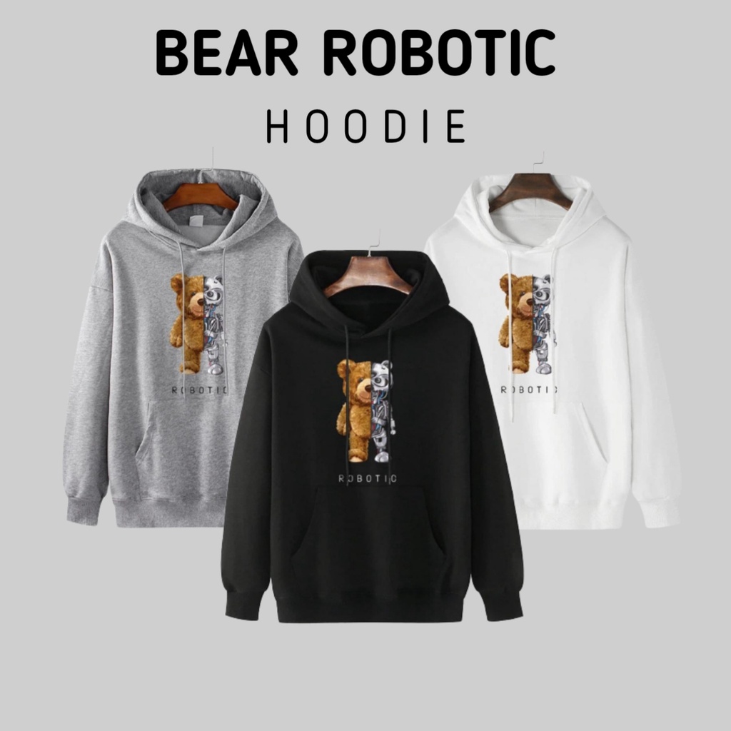 Hoodie Sweter Bear Robotic Sweater Beruang Distro Original Hitam Putih Bahan Flecce Tebal Lembut Hod