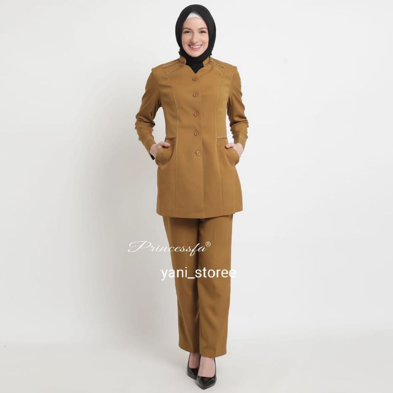 Baju Seragam Dinas Wanita Warna Kheki Tua Set Celana Seragam PNS Set Celana Warna Pemda Muda Seragam