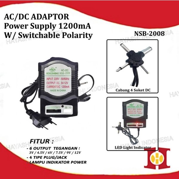 Adaptor 1200mA Multi Universal Charger DC 3V 4.5V 6V 7.5V 9V 12V Trafo