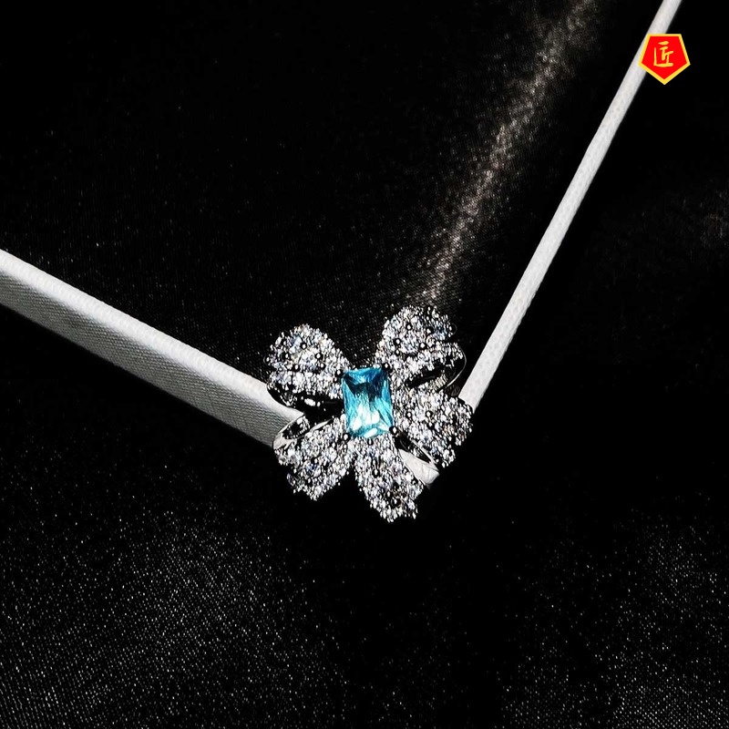 [Ready Stock]Natural Topaz Bow Necklace Set Rings Stud Earrings