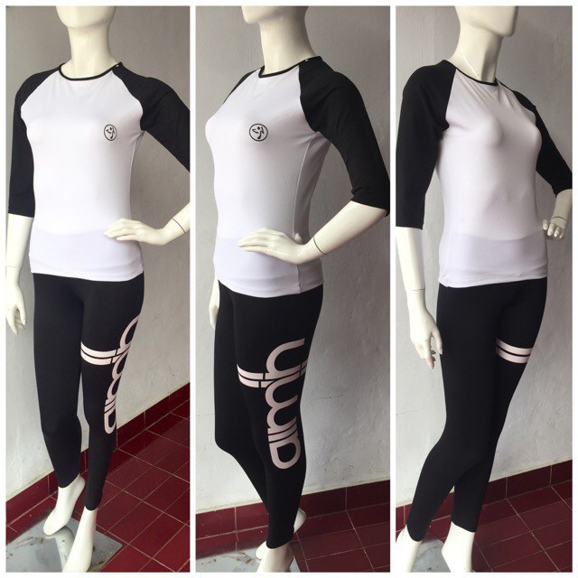 SETELAN OLAHRAGA WANITA BAJU FITNESS ZUMBA CELANA LEGGING PANJANG GYM PUTIH HITAM