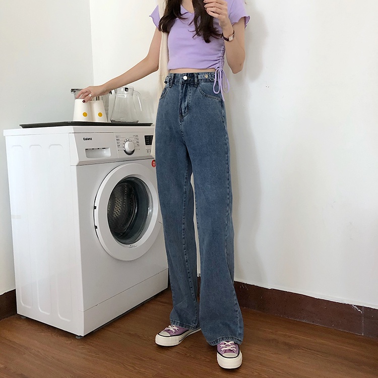 Perempuan Korea Fashion Lurus longgar Kasual lebar Leg Jeans