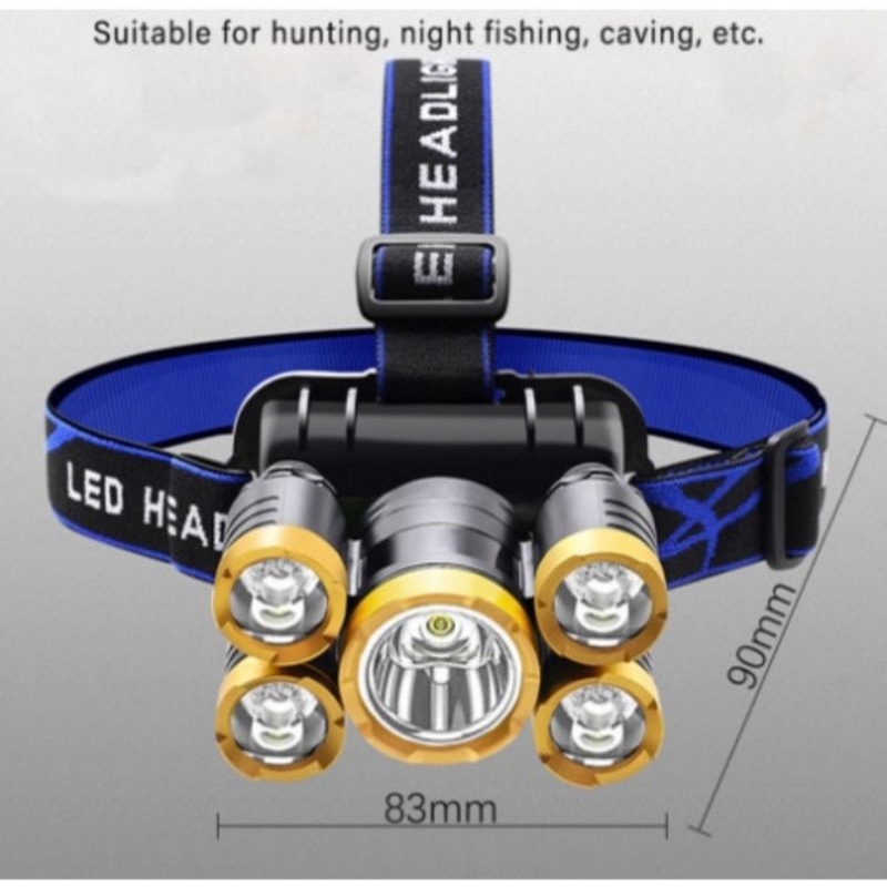 HK98 Senter Kepala XPE USB Recharble 5 LED Waterproof HeadLamp