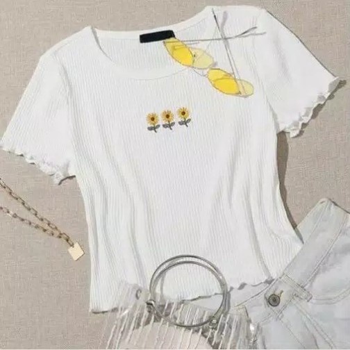 MakeGrosir - TSHIRT CROP SUNFLO KRIWIL TOP RIB