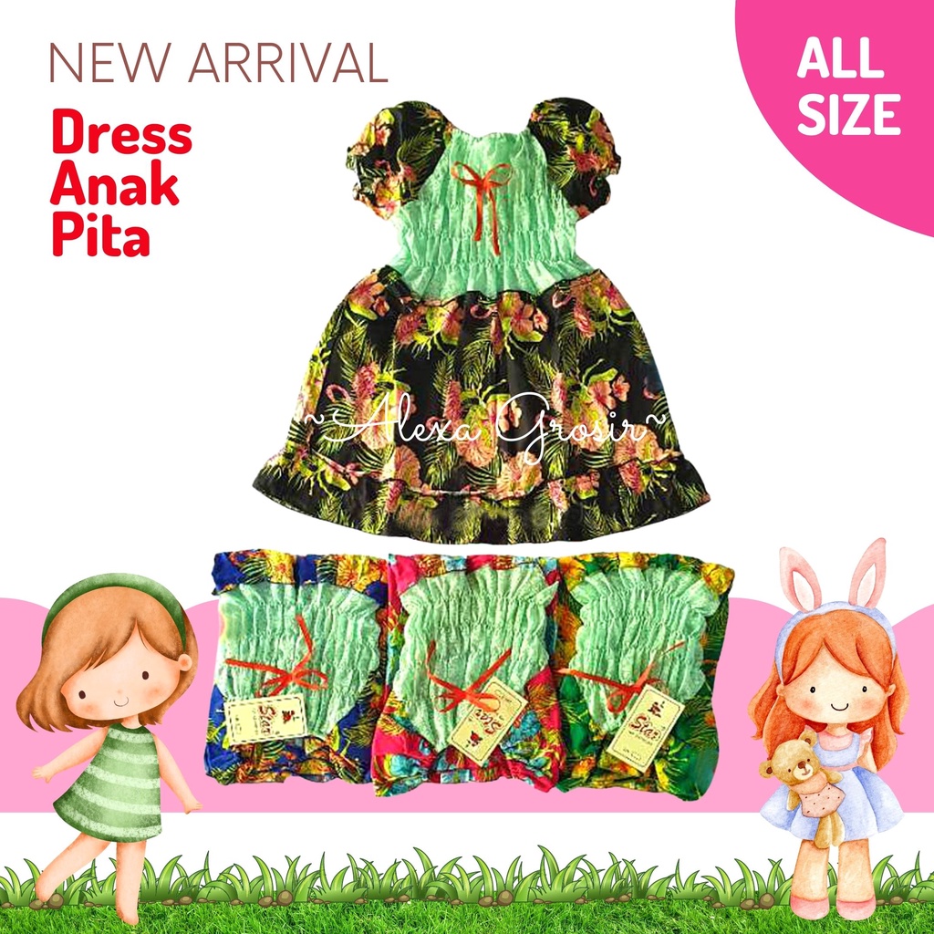 dress kerut motif pendek bunga /dress smok rempel lengan pita-ALEXA