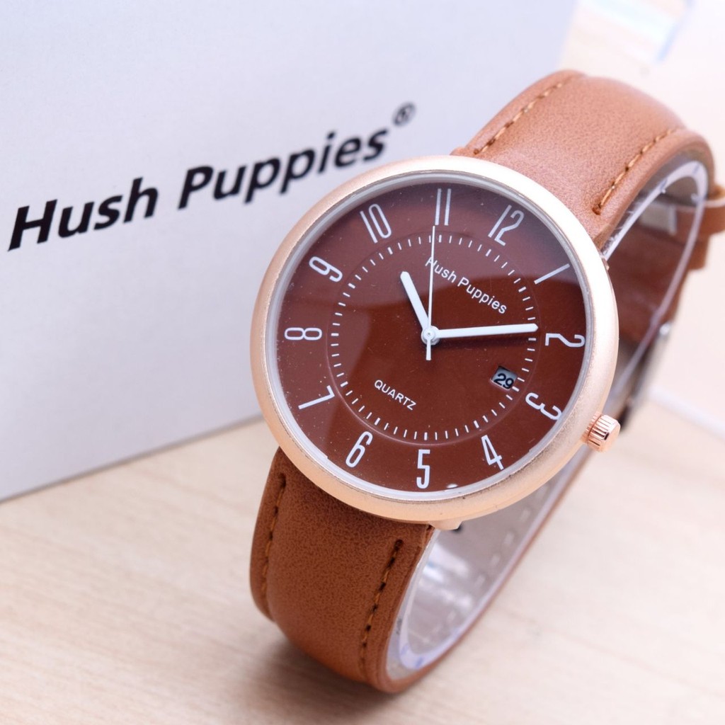 Jam Tangan Pria Cowok Hush Puppies Numberic Leather Full Brown