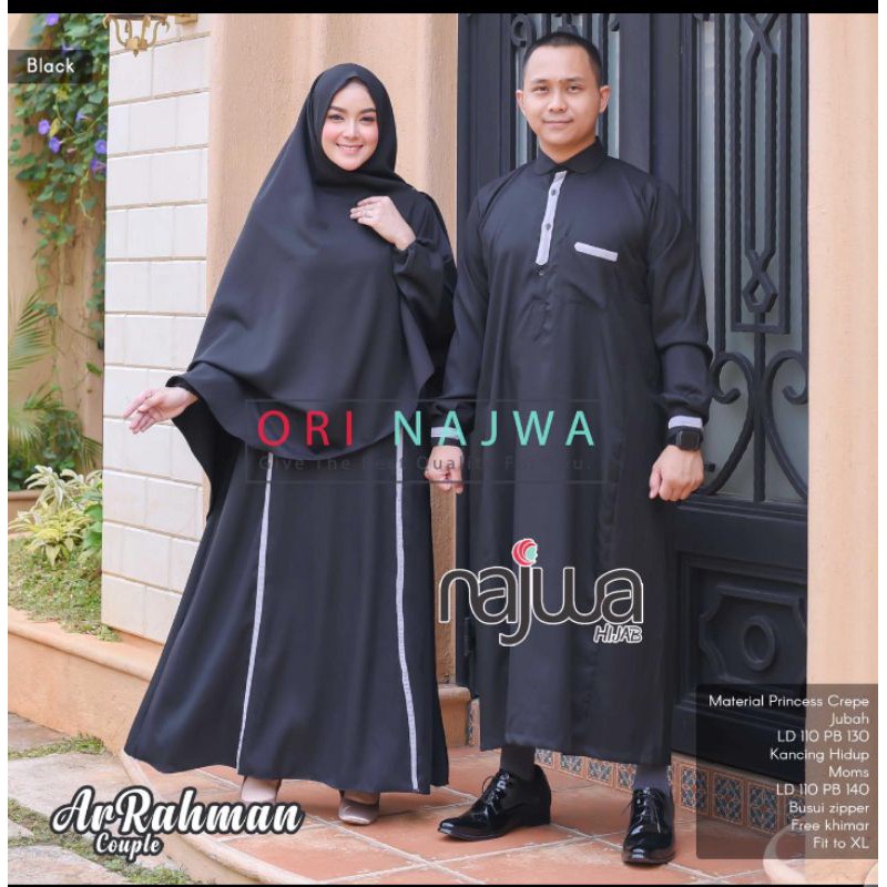Couple gamis syari dan jubah cuople pasangan gamis hitam dan jubah Ar Rahman Ori by Orinajwa