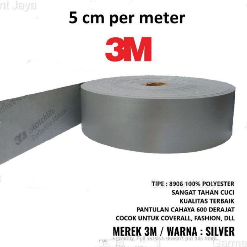 Pita Skotlet Lebar 5 cm merk 3M Meteran abu silver polos Kain Jaket baju rompi safety Scotlite Scotl