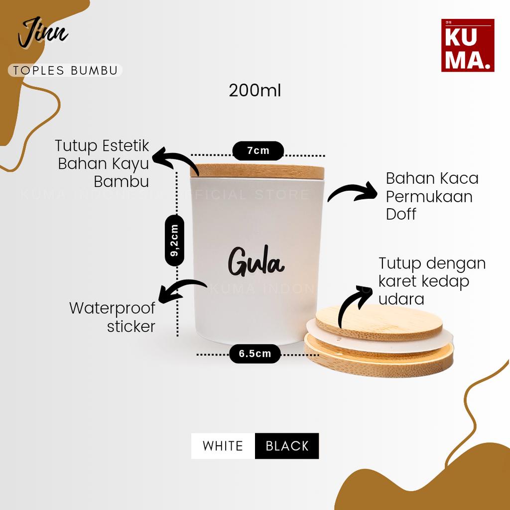 KUMA Jinn Toples Bumbu Dapur Kaca 200ml Tutup Kayu Bambu White Black Aesthetic Bahan Keramik Kaca Bamboo