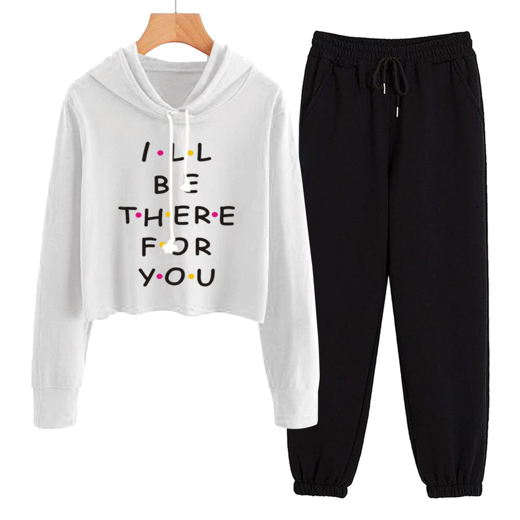 BESS - Baju Setelan Wanita Murah / Setelan Hoodie Crop + Jogger Hitam - I BE THERE