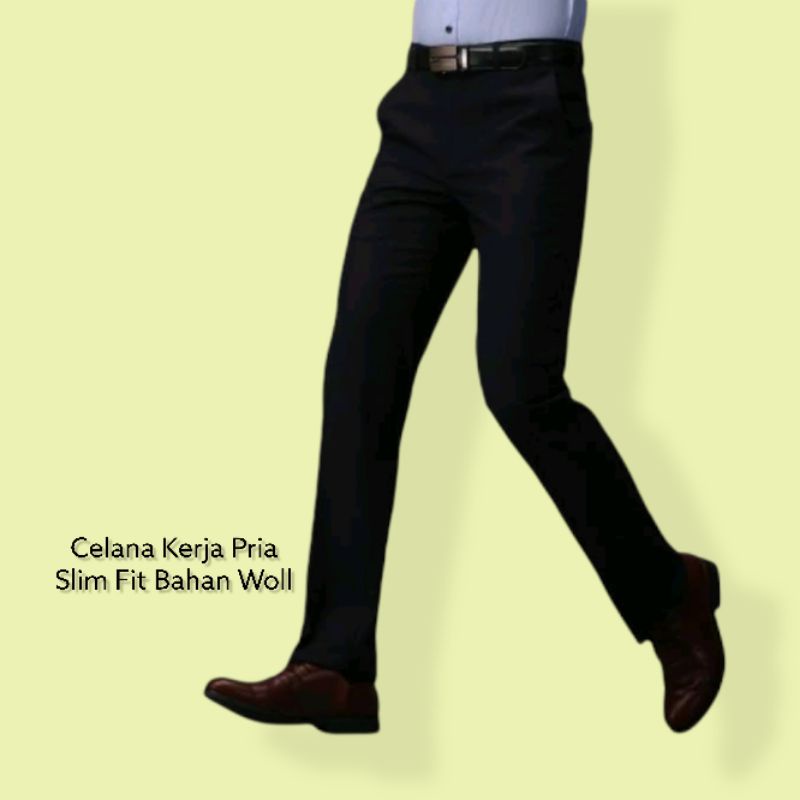 FREE MASKER Celana Kerja Pria Kerja Slimfit Warna Hitam Size Jumbo 27-44 Bahan Kain Woll Premium