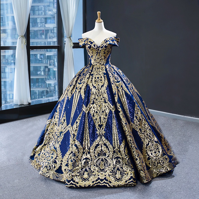 Vintage Bridal Navy Blue Off Shoulder Wedding Dress Lace Sequin Beaded Bridal Ball Gown Dress