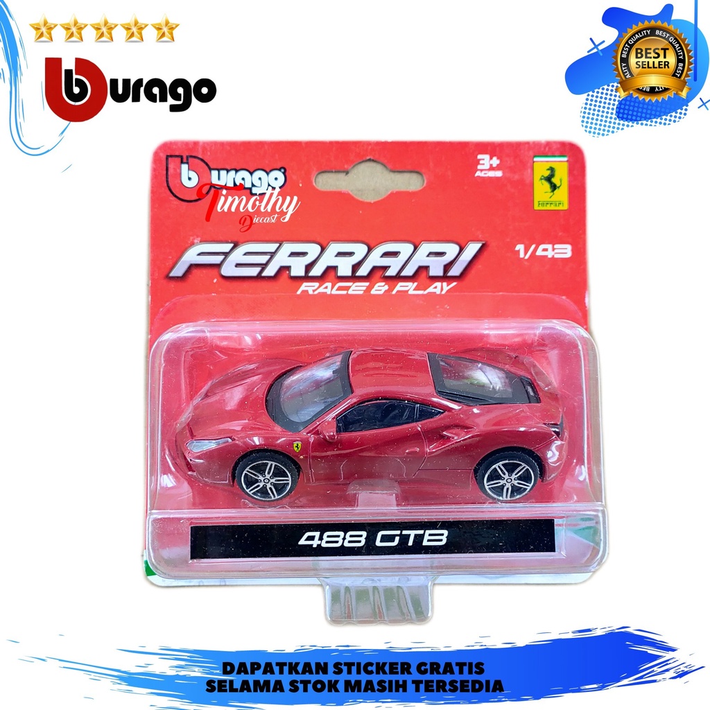 Burago Ferrari Race N Play 488 GTB Merah Timothy Diecast