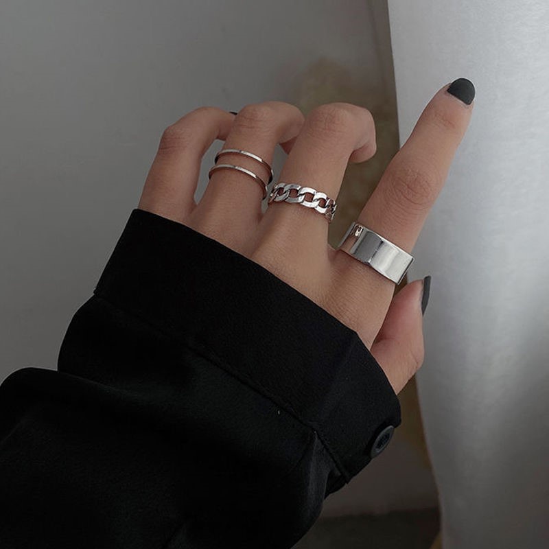 Tiga potong cincin kasual Versi Korea dari cincin pembuka rantai hip-hop liar jalanan hip-hop liar yang trendi ladies ring