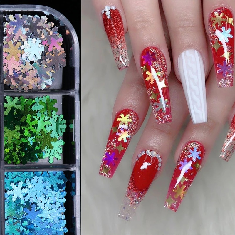 [12 Grids Mixed Style Winter Christmas Nails Art Snowflake Glitter Crafts] [ Nail Art Decorations] [DIY Manicure Accessories]