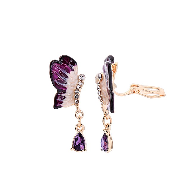 LRC Anting Jepit Fashion Purple Ear Clip 925 Silver Needle Butterfly Drop Diamond Earrings F69629