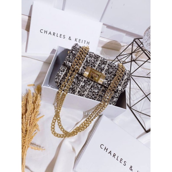 Tas CK Alia Chain Tweed Kode CK823 Import