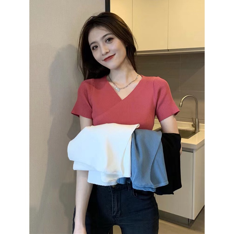 Versi Korea V-Neck Es sutra Rajut Lengan Pendek/Pakaian rajut wanita