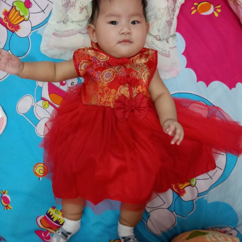 Terlaris Baju Dress Shanghai Cheongsam Chinese Imlek Anak Bayi Perempuan Merah Lucu-6