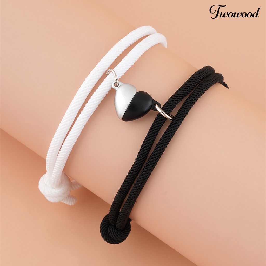 2pcs Gelang Rantai Magnetik Bentuk Hati Bahan Alloy Untuk Pasangan