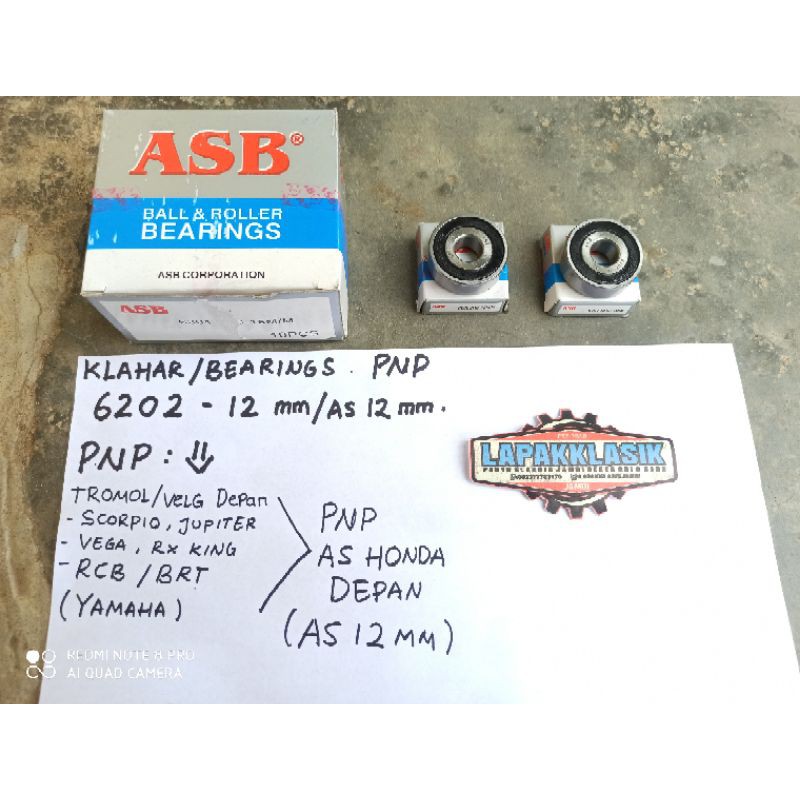 Bearings Bearing Laker  klahar ASB 6202 2RS 12MM PNP Tromol Depan YAMAHA Pnp KE  AS 12mm Depan HONDA