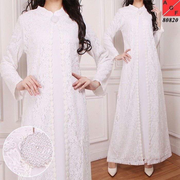 Gamis Putih gamis syari putih silk sutera kombinasi brukat M - XL Terbaru Murah