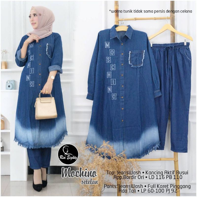 setelan mochino/chinos set/mochi set tunik jeans wash ori/setelan jeans jumbo xxl/setelan jeans wani