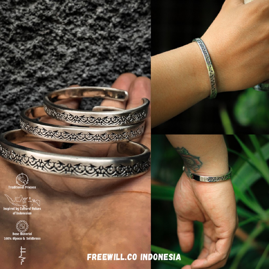 Gelang Pria AMRETA FREEWILL Original Simple Premium Bangle Cuff Bracelet - Motif Batik Dayak