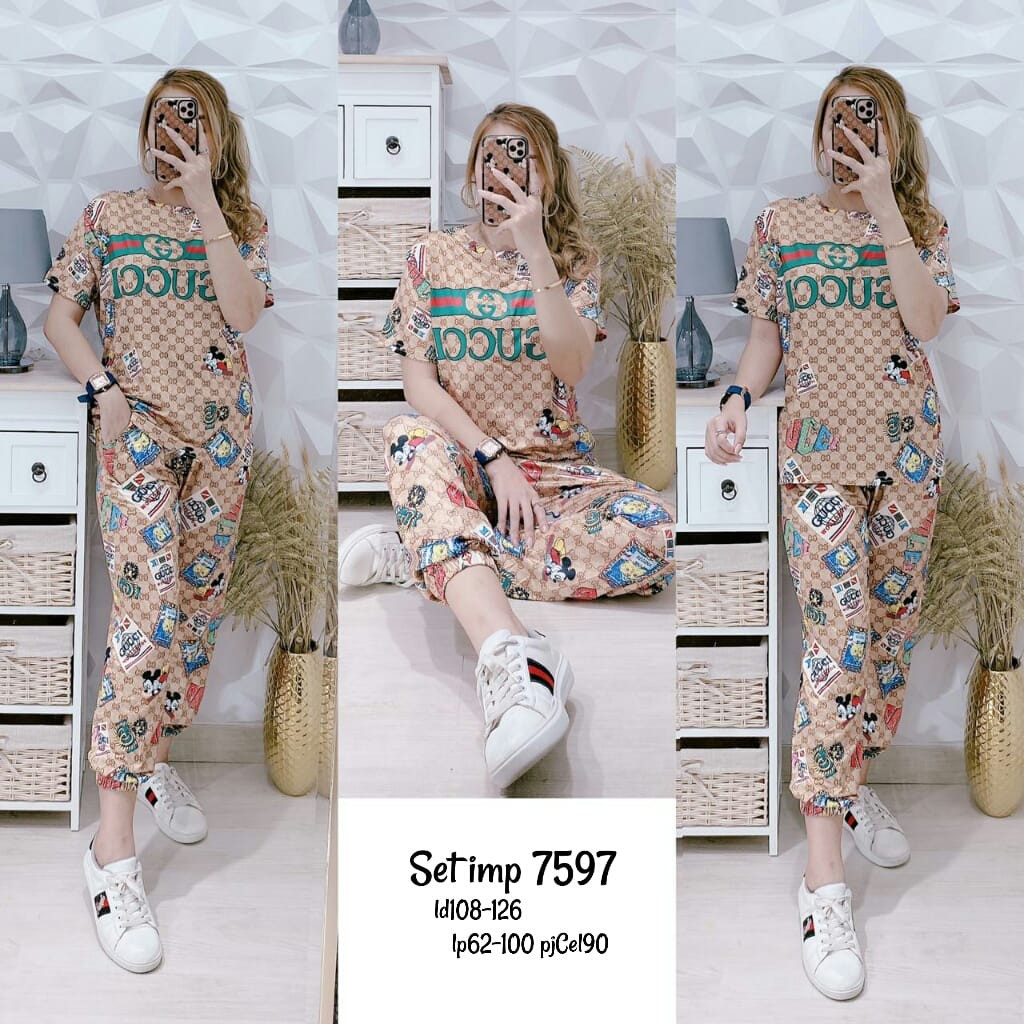 SETELAN KAOS WANITA IMPORT BAJU FASHION GUCCI+CELANA FULL PRINT SETELAN WANITA IMPORT MURAH 7597