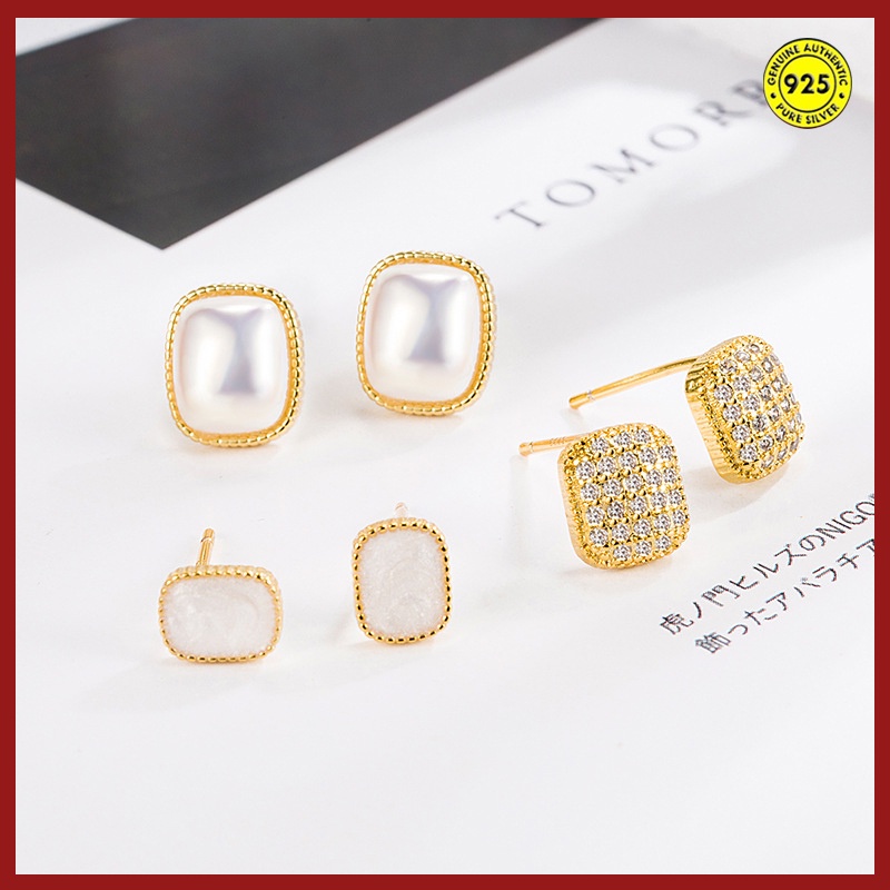 Anting Stud Zircon Mutiara Bentuk Persegi Bahan S925 Silver Gaya Retro Perancis Untuk Wanita