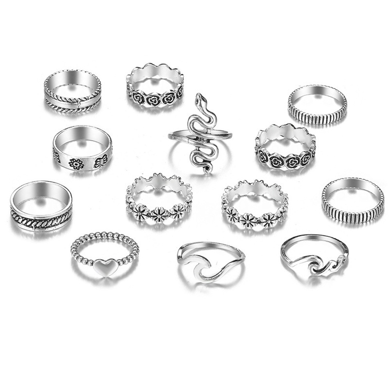 Fancyqube 13pcs / Set Cincin Desain Ukiran Ular Hati Bunga Warna Silver Gaya Boho Vintage Punk Untuk Wanita