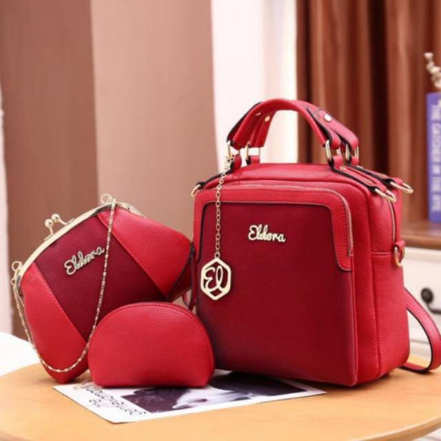 Tas branded original Eldora set 3in1 6299-334 tas branded gliter tas kerja wanita batam