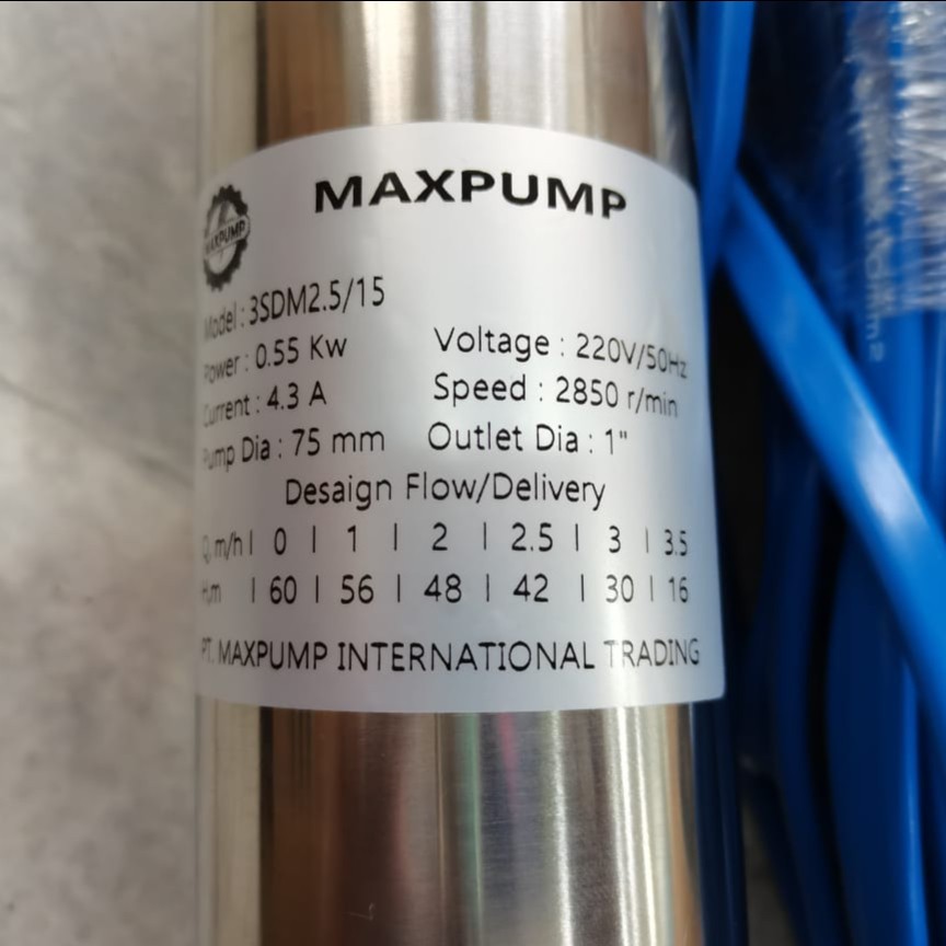 MAXPUMP 3SDM2.5/15+40m POMPA SATELIT SUBMERSIBLE PUMP KOMPLIT 40METER KABEL BIRU 550watt 0.75hp 3INCH