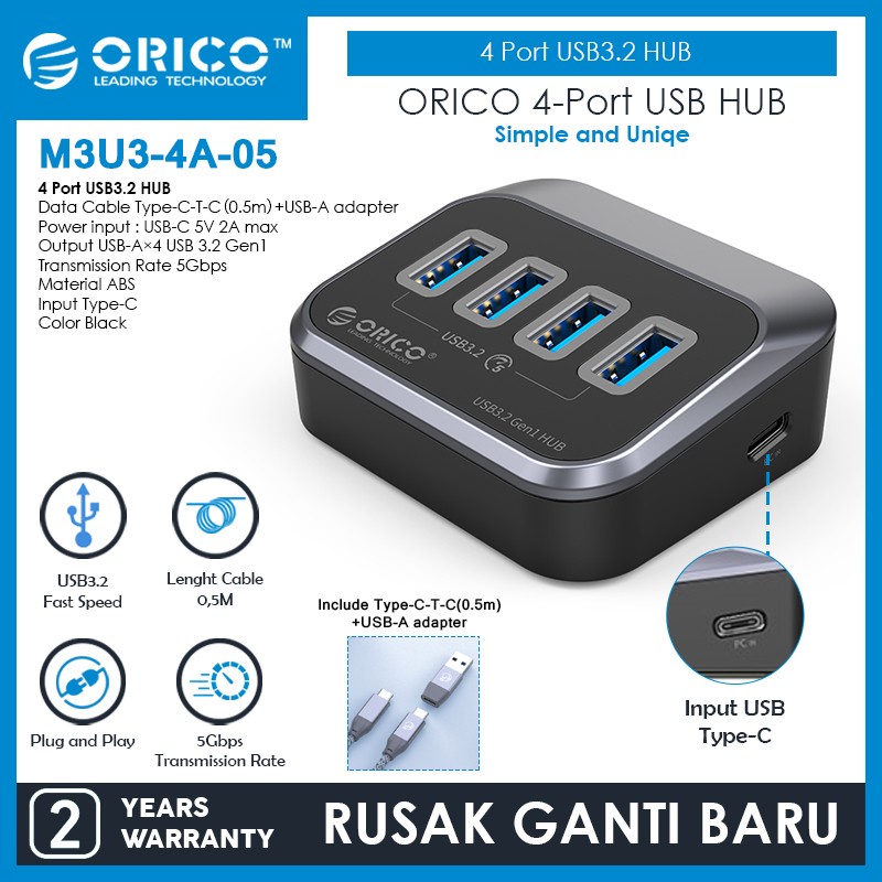 ORICO 4 Port USB3.2 Hub Type C to C USB A 5Gbps 0,5M