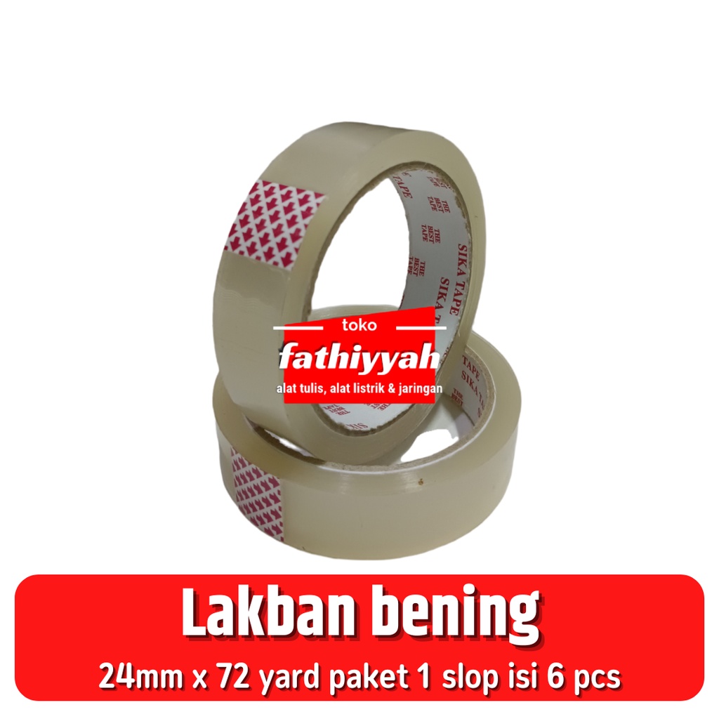 

Lakban Tape Isolasi Selotip Bening 1 inch / 24 mm x 72 Yard paket 1 slop isi 6 pcs