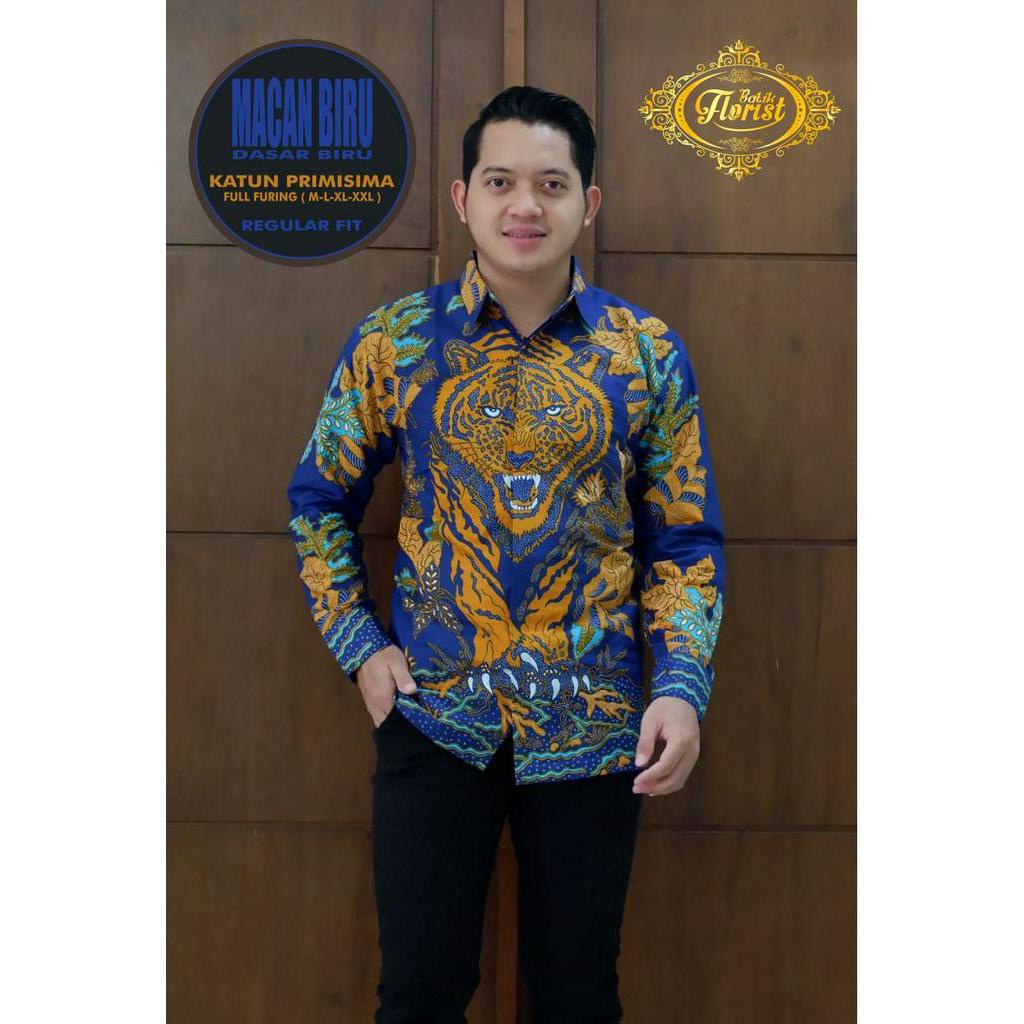 Kemeja Batik Exclusive Warna Biru Batik Pria Terbaru Motif Harimau Batik Lengan Panjang Biru MACAN