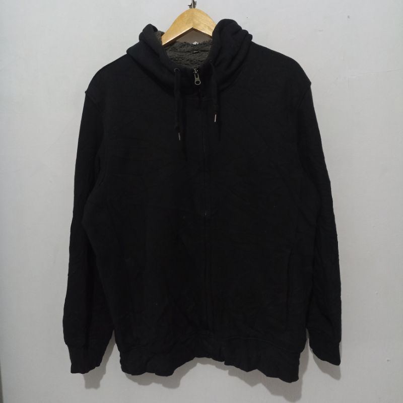 ZIPPER HOODIE UNIQLO SHERPA BLACK SECOND
