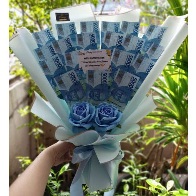Large Standing Money Bouquet + 2 Bunga Artificial / Bucket Buket Uang Asli / Hadiah Ultah Anniv